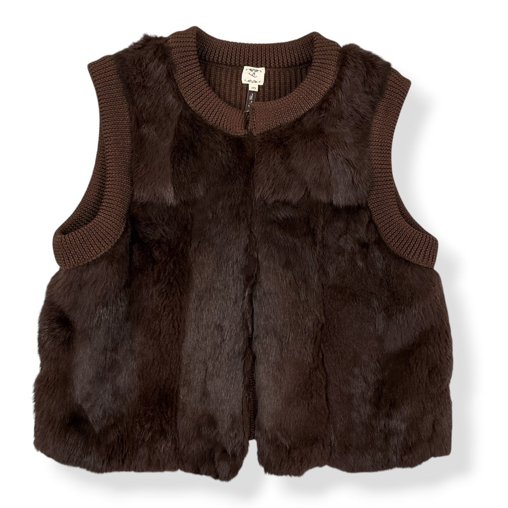QI Vest Women Medium Brown‎ Sleeveless Knit Genuine Rabbit Fur